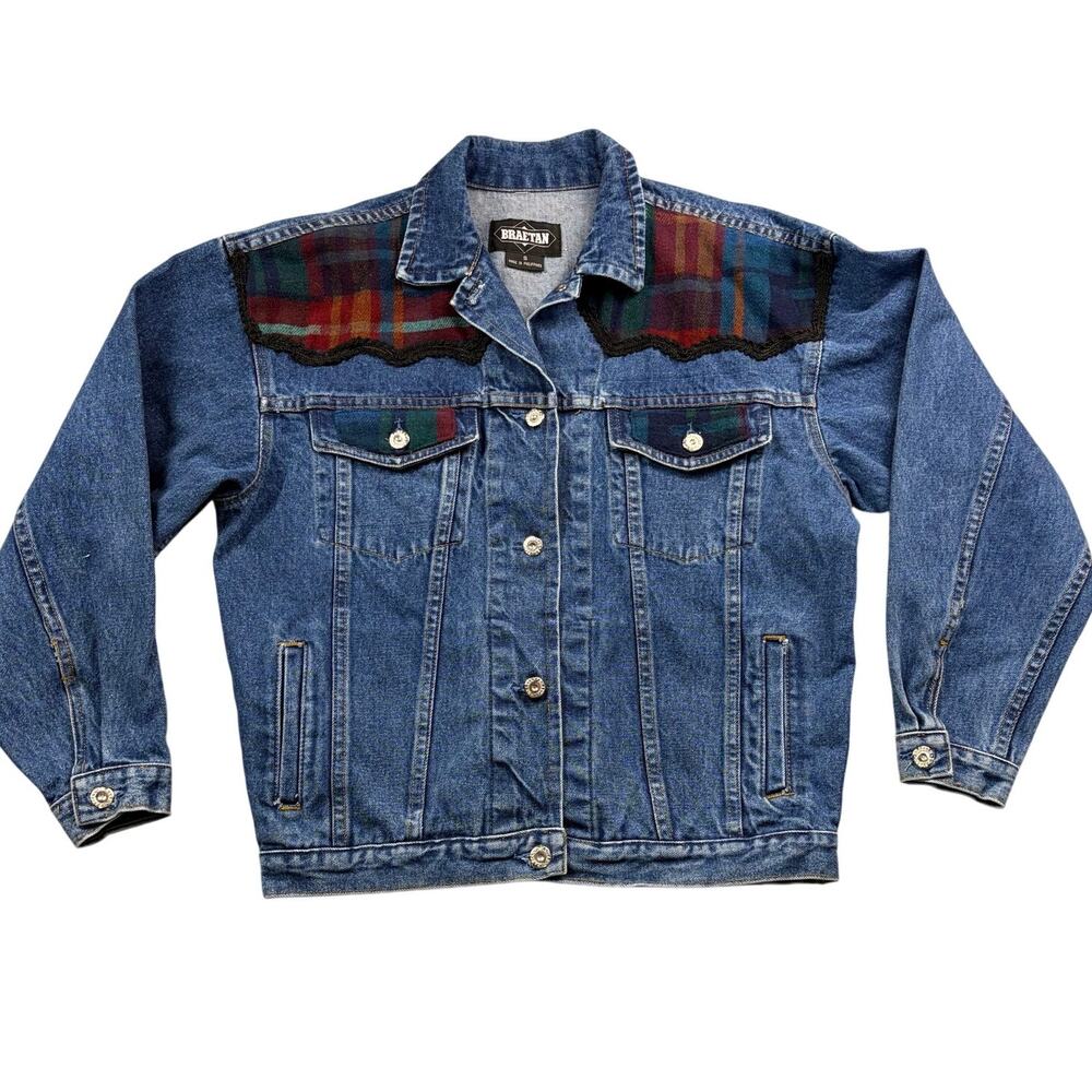 90s Vintage Jean Jacket Denim Trucker Jacket Western Plaid Wool Small